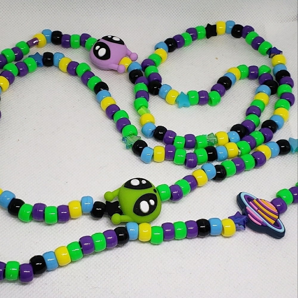 Handmade Long Layering Alien Silicone Beaded Kandi Necklace